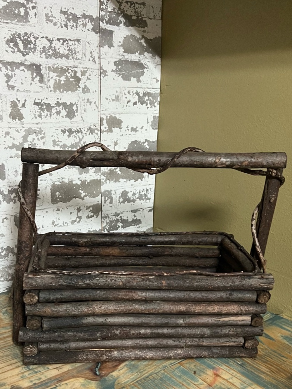 Vintage Adirondack or American folk art styleRustic Twig Basket